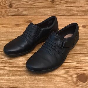 Clarks Womens Everlay Coda Loafers Comfort Shoes Black Leather Soft Cushion